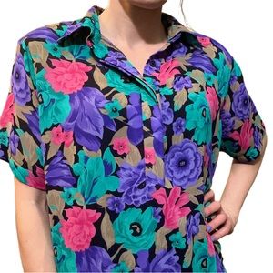 Authentic Vintage 1980's Alfred Dunner Shoulder Pads Hawaiian Floral Top Medium